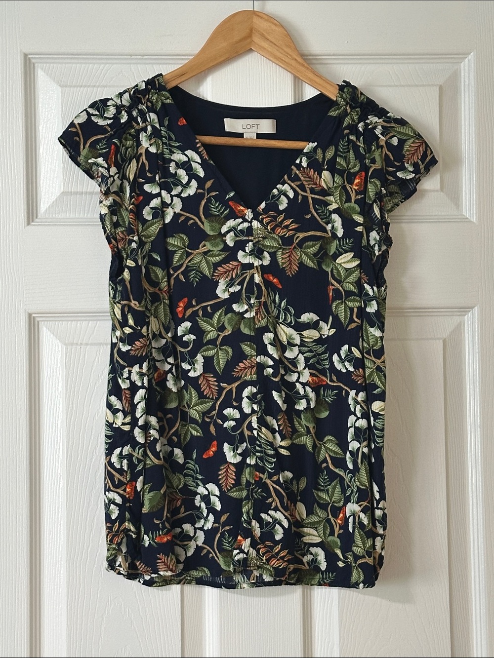 LOFT Navy Floral V-Neck Short Sleeve Blouse